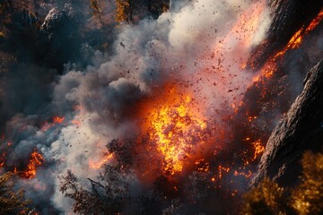 A large wildfire rages through a forest