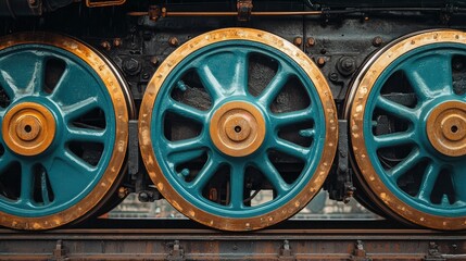 Fototapeta premium Teal and Gold Locomotive Wheels Close Up View