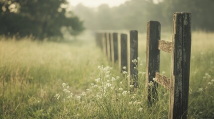 Obraz premium Serene countryside scene featuring a rustic wooden fence along a grassy field at dawn