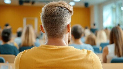An audience is engaged in a lecture, capturing a moment of learning and knowledge sharing in a bright conference room filled with eager learners.