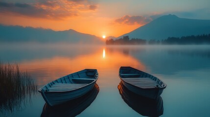 Sunrise lake boats misty mountains serenity