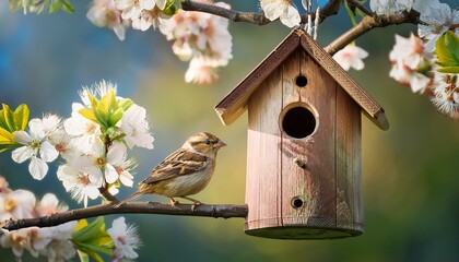 Naklejka premium 咲き誇る木に吊るされた素朴な鳥の巣箱