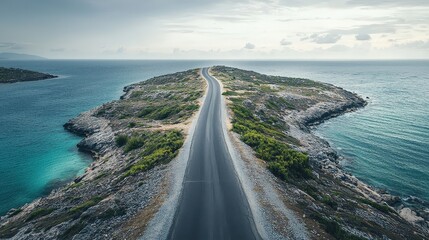 Obraz premium Exploring Coastal Roads Serene Island Landscape Aerial View Tranquil Waters Remote Destination Nature's Beauty