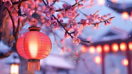 Obraz premium Cherry Blossoms With Glowing Lantern In Dusk Light