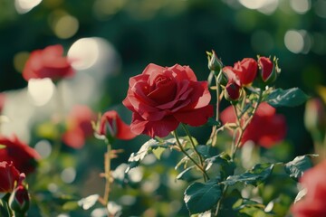 A bouquet of vibrant red roses grows amidst lush greenery in a serene garden setting, perfect for romantic or celebratory uses