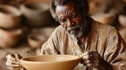 A man sculpting a clay bowl on a potter s wheel, the soft whirring sound complementing his focused expression