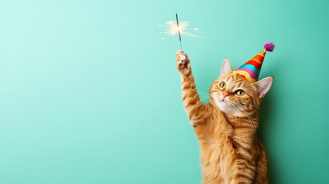 Festive ginger cat holding a sparkler.