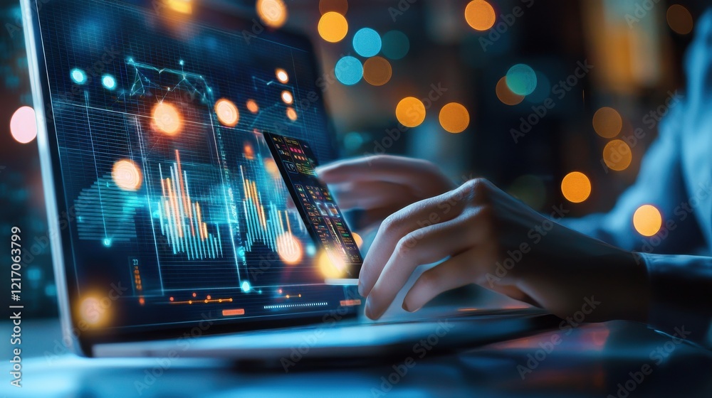 Poster digital market data analysis on laptop computer screen with graphs and charts