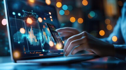 Digital Market Data Analysis on Laptop Computer Screen with Graphs and Charts