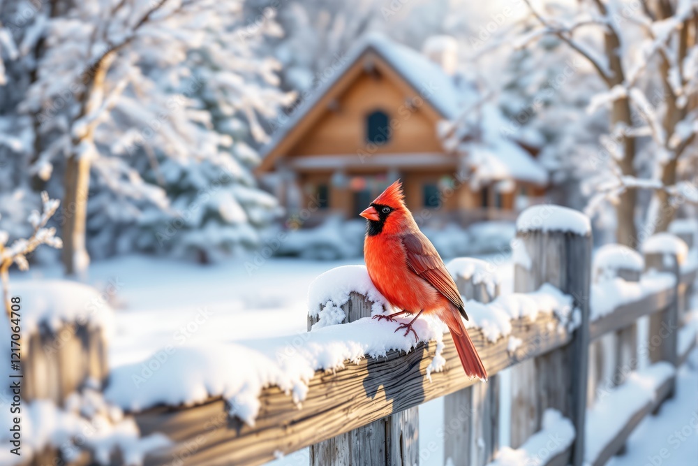 Poster bright red cardinal perched on a snow-covered wooden fence in a serene winter setting with a cozy ca