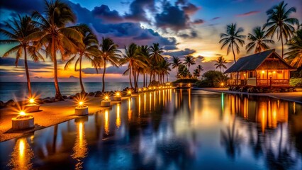Romantic Beach Resort Night Scene: Low Light Photography