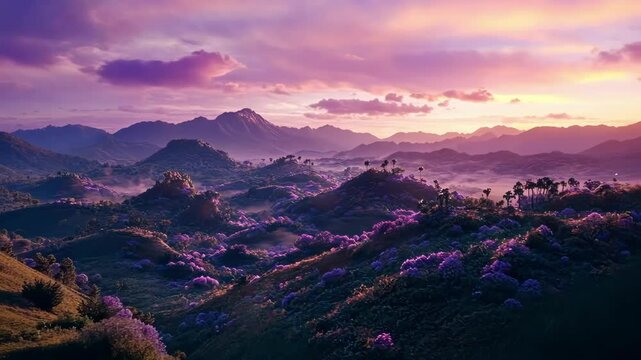 Serene sunset over a lush valley filled with vibrant flowers and distant mountains, evoking tranquility