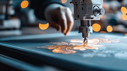 Skilled Hands Crafting Elegant Stitches in a Vibrant Textile Workshop at Night
