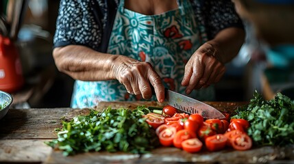 A woman chopping vegetables for a hearty soup, the rhythmic sound of her knife complementing the peaceful scene
