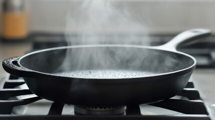 Closeup of sizzling food in a cast iron pan on a stove, with steam rising, dynamic cooking process