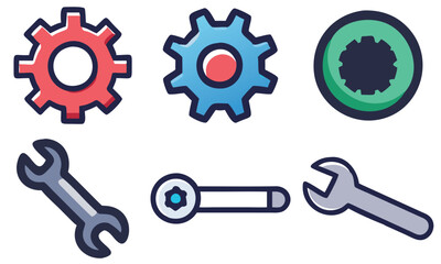 Colorful Gear and Wrench Icons Representing Tools and Settings