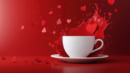 Fototapeta premium Heartfelt Brew: A Playful Visual of a Porcelain Mug Overflowing with Heart-Shaped Confetti, Set Against a Vibrant Red Backdrop, Representing the Joyful and Heartwarming Experience of Sharing a Cup of 