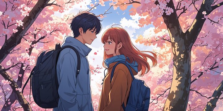 Anime couple meeting by a sakura tree background illustration cartoon design manga