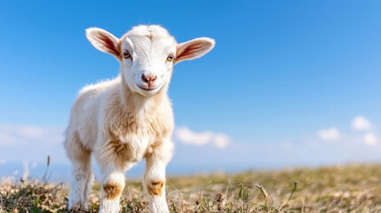 Obraz premium Young goat stands happily in a grassy field under a clear blue sky