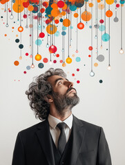 A well-dressed man stands in a contemporary office, looking up with a thoughtful expression. Above him, vibrant and artistic decorations hang, fueling his creative inspiration and ideas