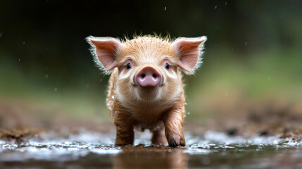 Cute piglet walking through a puddle in a lush green environment during daytime