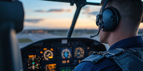 Helicopter Pilot in Cockpit at Sunset
