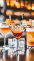A vibrant display of various alcoholic drinks, including cocktails and beers, set against a blurred bar background. The focus is on a martini glass filled with ice and garnished.