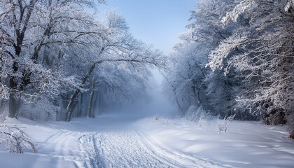 Fototapeta premium 雪に覆われた霜降りの森の小道