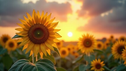 Obraz premium SunflowSunflower field at sunset with golden sunlight er field at sunset with vibrant yellow blooms 