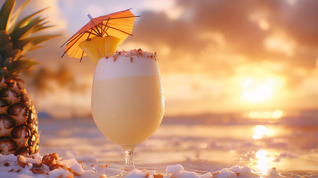 Tropical pina colada with a pineapple wedge, coconut flakes, and a fun umbrella, vacationinspired drink