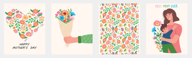 Set of Mothers Day cards. Flowers in the shape of a heart, mother holding her son.