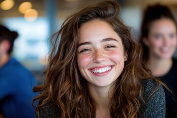 Obraz premium A beautiful young woman with curly hair laughing joyfully at an event, exuding happiness and the joy of being surrounded by friends and lively conversations.