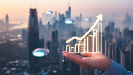 Economy blooming growth opportunity concept. Hand holding a digital graph symbolizing growth against a city skyline backdrop.