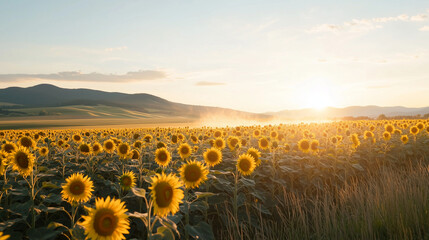 Drone Applying Pesticides Over Sunflower Field at Golden Hour