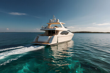A beautiful white modern yacht sailing on a calm sea.