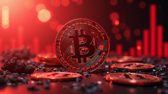 Dramatic Bitcoin Price Drop on Red Abstract Background for Financial Marketing, Crypto Education, and Market Analysis Content