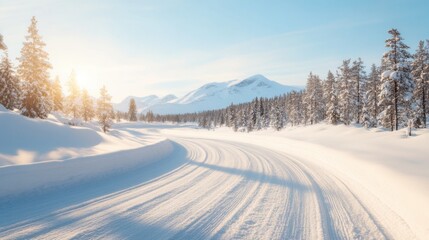 Obraz premium A serene winter forest scene with snow-covered trees lining a winding road under a clear blue sky, illuminated by warm sunlight.