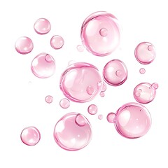 Obraz premium A collection of pink bubbles of various sizes scattered across a white background.