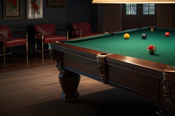 a room in the center of which you can see part of a billiard table covered with green baize and balls