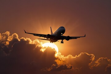 a passenger plane flying against the background of the setting sun and clouds