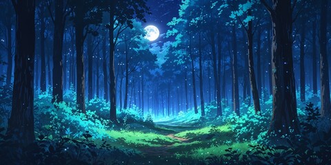 Obraz premium Dense enchanted forest glowing softly under moonlight on anime background