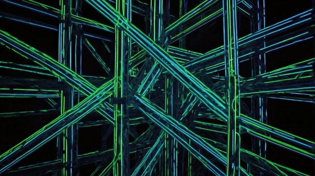 Intricate Patterns of Light: Exploring the Fascinating Geometry of Neon Blue and Green Lines in a Three-Dimensional Abstract