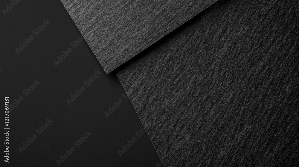 Poster minimalist overlapping black paper sheets on solid black background, featuring matte textured surfac