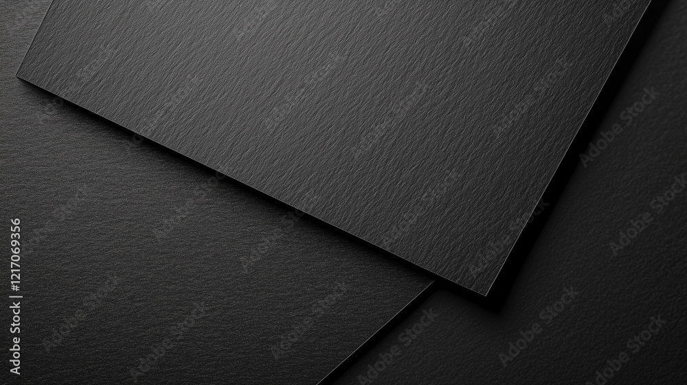 Poster Minimalist Overlapping Black Paper Sheets on Solid Black Background, Featuring Matte Textured Surface, Diagonal Composition, Rough Details, and Monochromatic Aesthetic