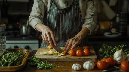 A woman slicing vegetables on a wooden countertop, her hands moving with precision and calm energy