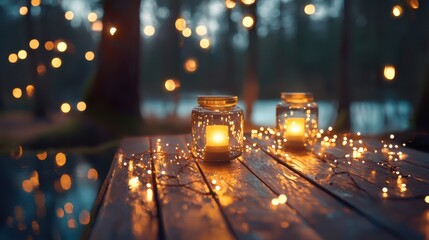 Cozy Candlelit Evening with Warm Glowing Reflection on Rustic Wooden Table