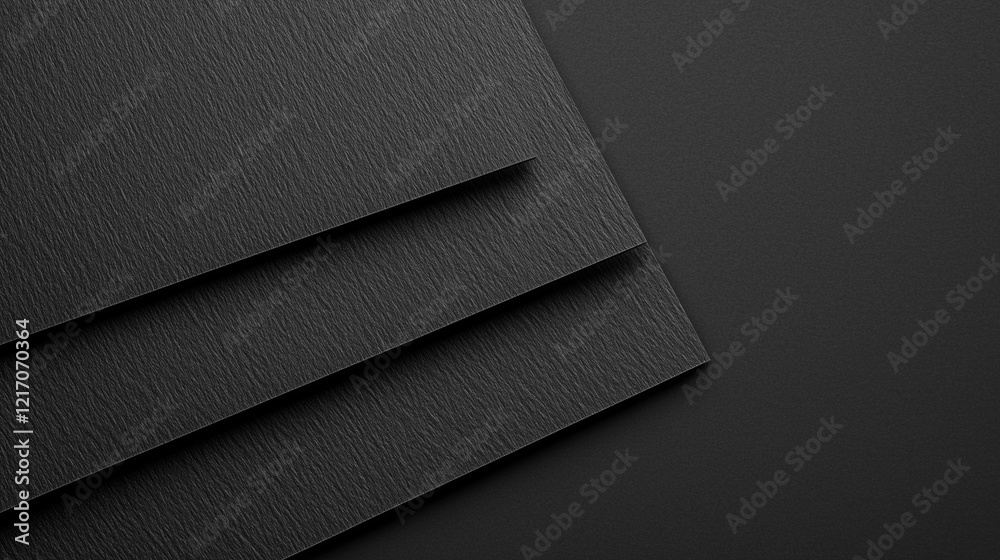 Aufkleber minimalist overlapping black paper sheets on solid black background, featuring matte textured surfac