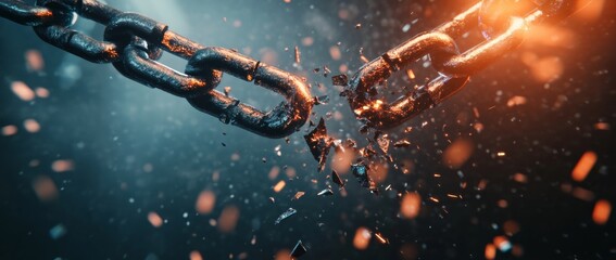 Broken chain symbolizing freedom and resilience with a dynamic, close-up view against a dark background