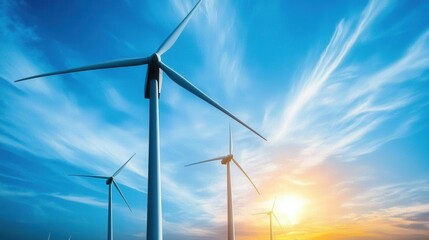 Obraz premium Scenic view of wind turbines in a countryside landscape at sunset or sunrise