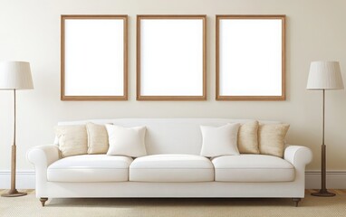 Photo of a contemporary living room featuring a blank poster on the wall, designed in a white and beige color scheme. The minimalist setting includes cozy textiles, decorative accents